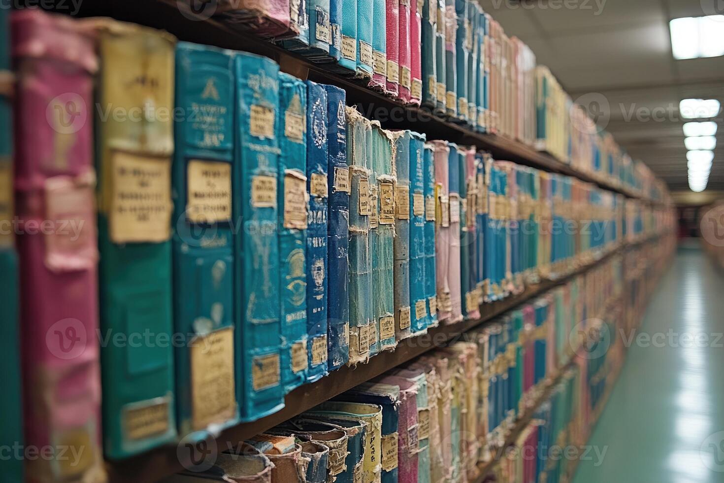 A row of aged, colorful books on a wooden bookshelf photo