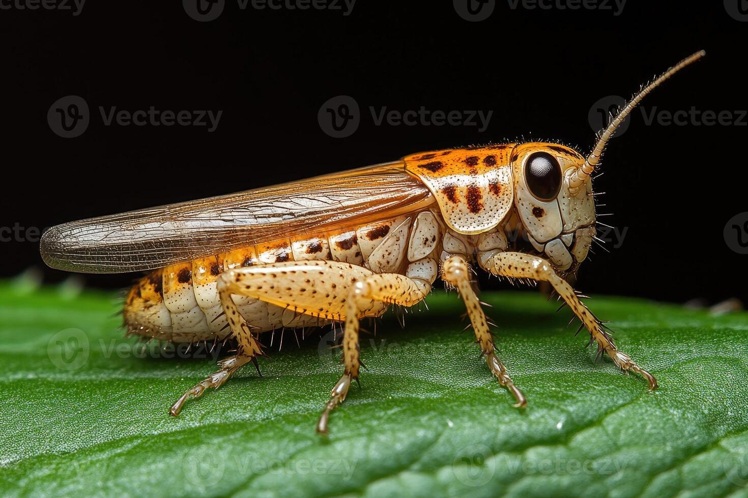 A Close-Up of a Spotted, Yellow-and-Brown Grasshopper on a Green Leaf photo