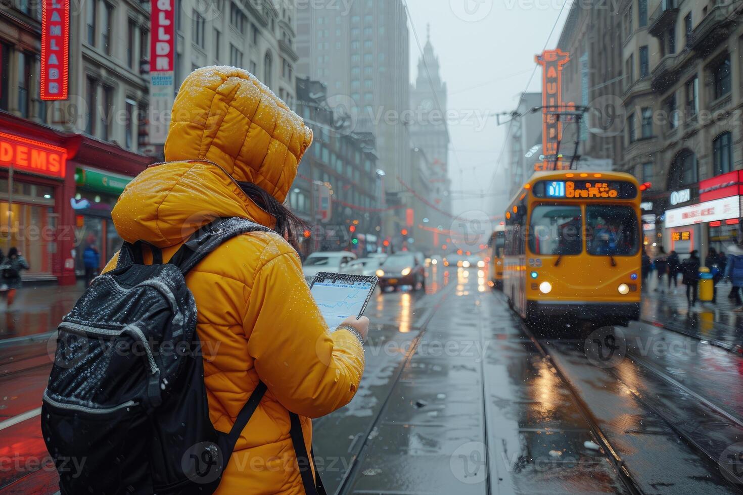 A Person in a Yellow Jacket Walks Down a Snowy Street With a Tablet photo