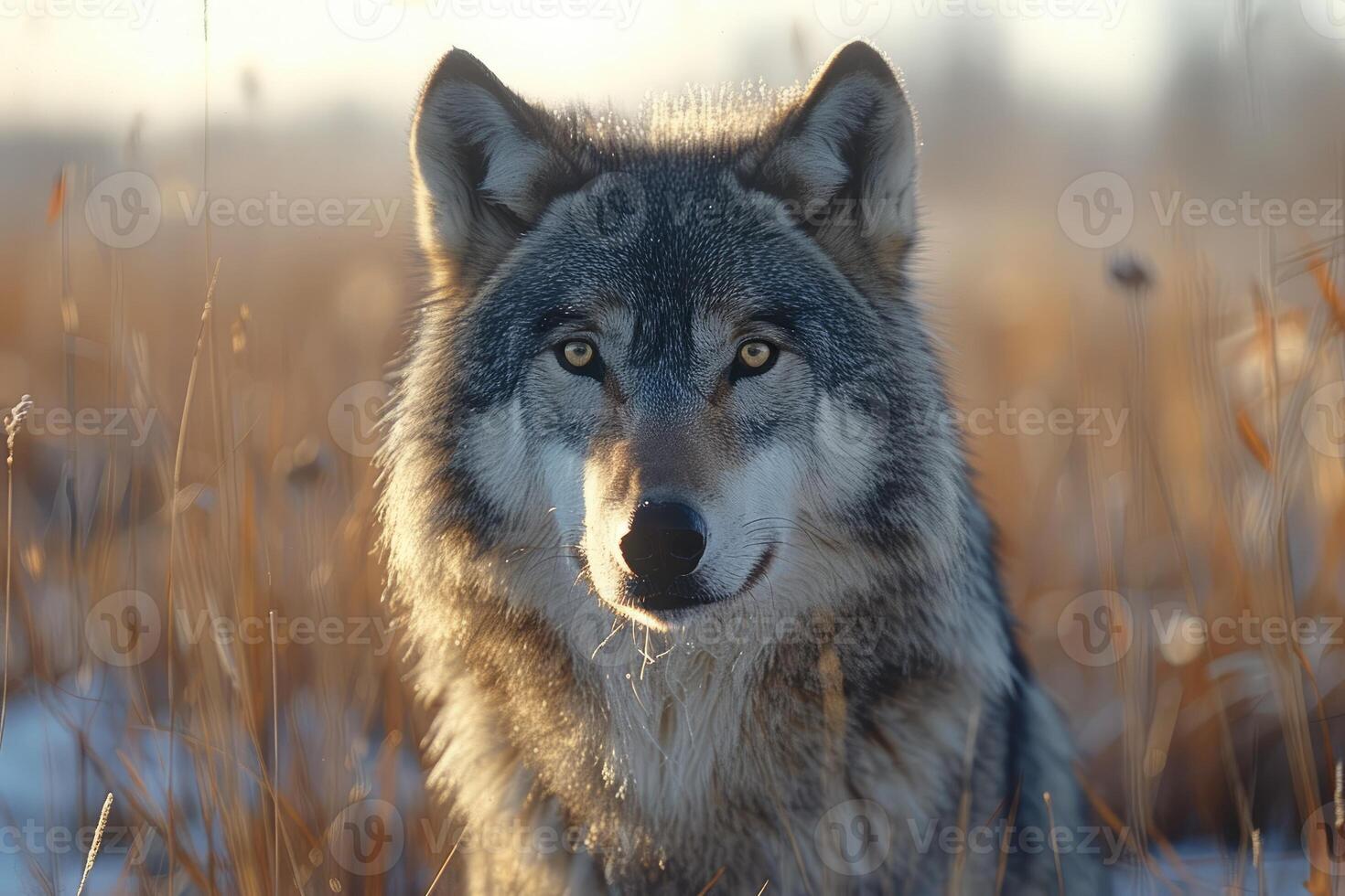 A Close-Up Portrait of a Wolf in a Field of Tall Grass photo