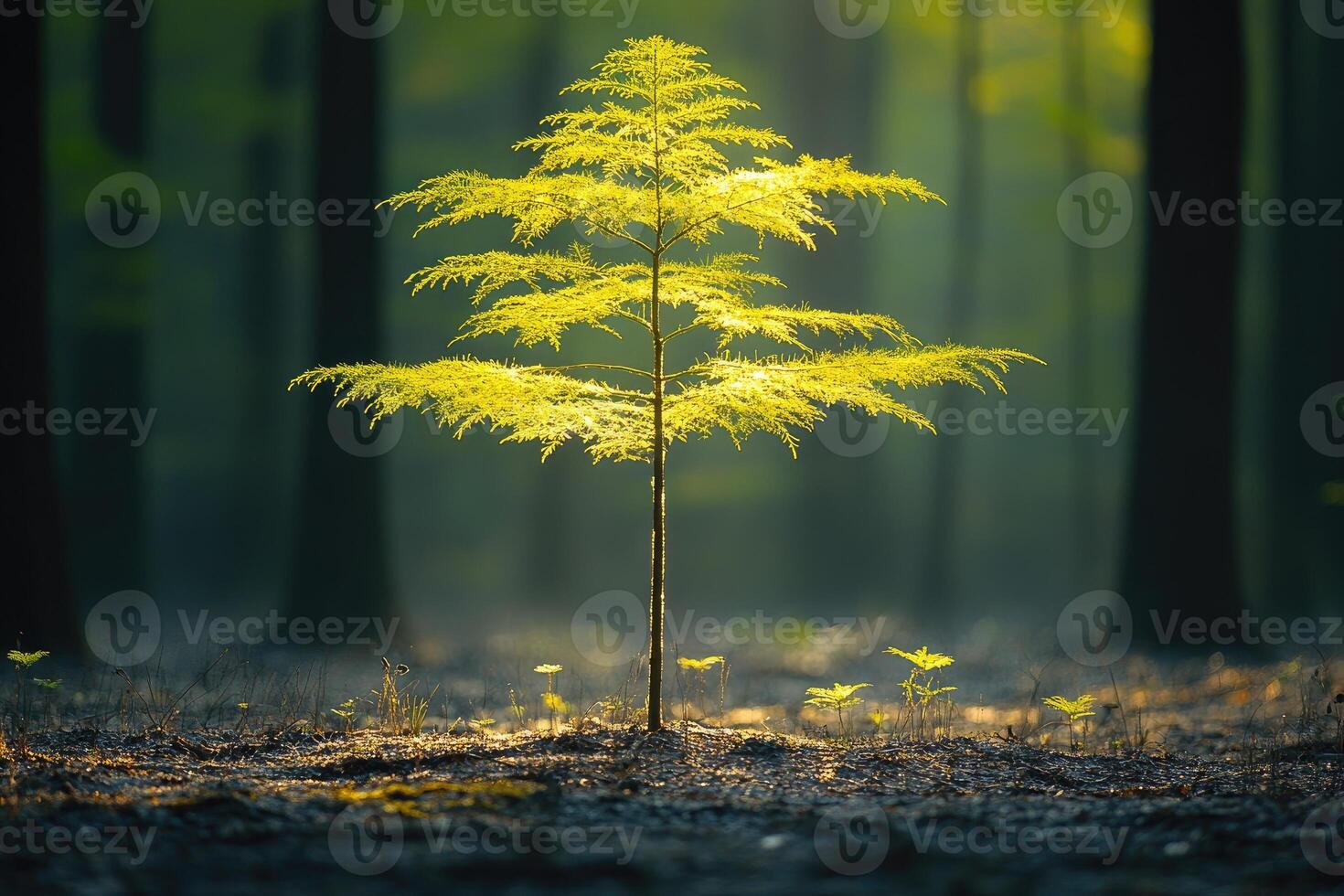 A Single Young Tree in a Forest Clearing with Sunlight Filtering Through the Trees photo