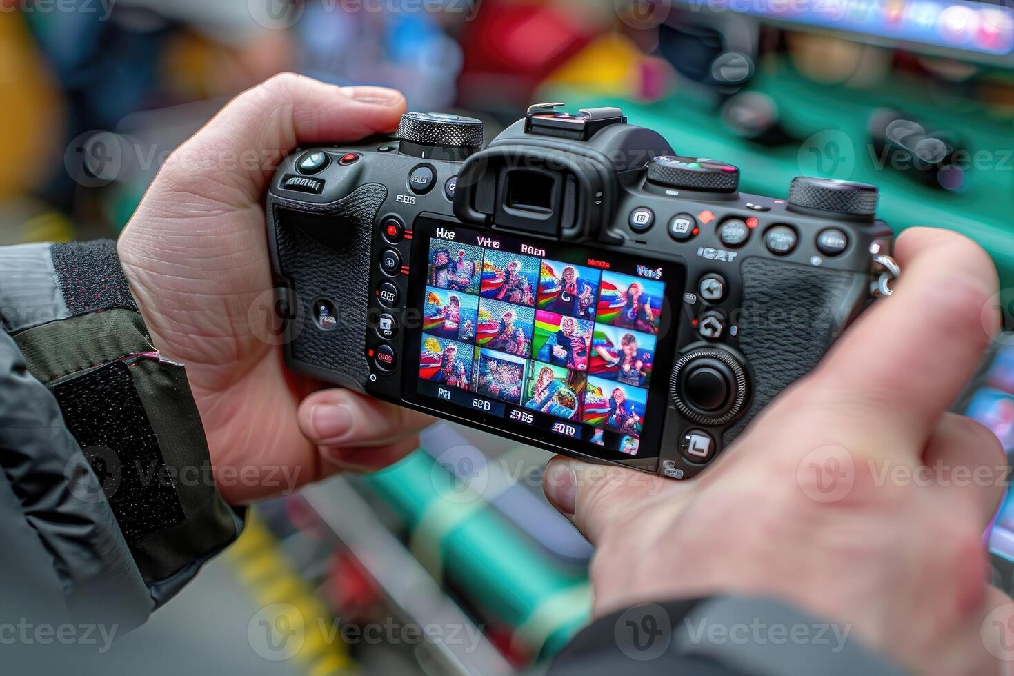 A Close-up of a Person Holding a Camera, Viewing Multiple Images on the Display photo