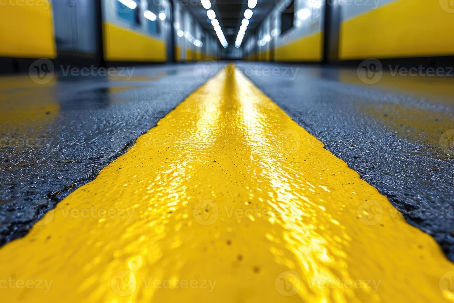A close-up of a yellow painted line in a dark tunnel. photo