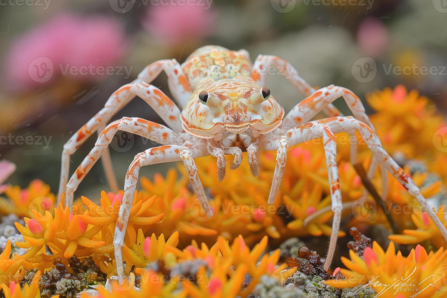 A Close-Up View of a Crab Spider in a Field of Yellow Flowers photo
