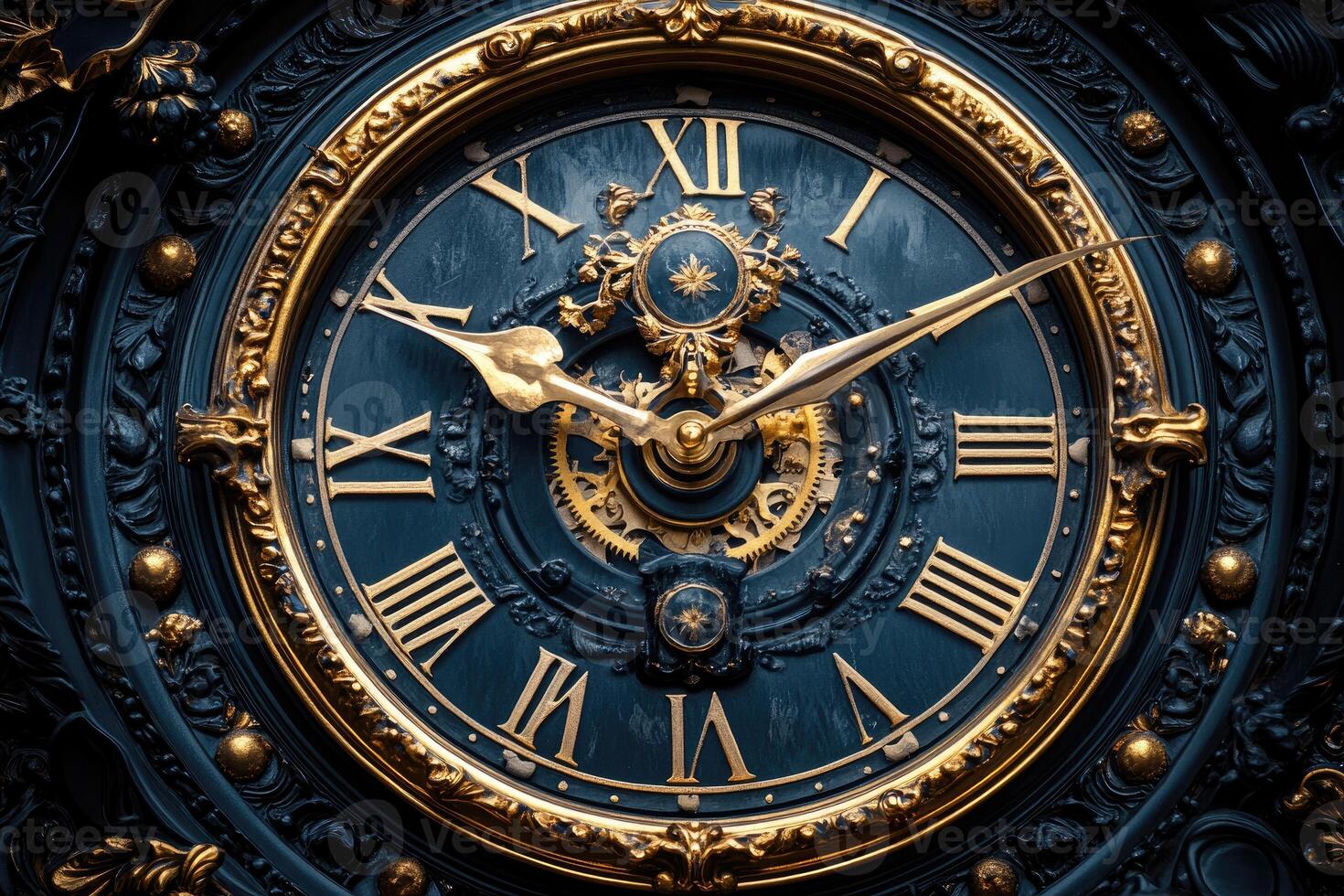 A Close-Up of an Ornate Clock Face with Gold Accents photo