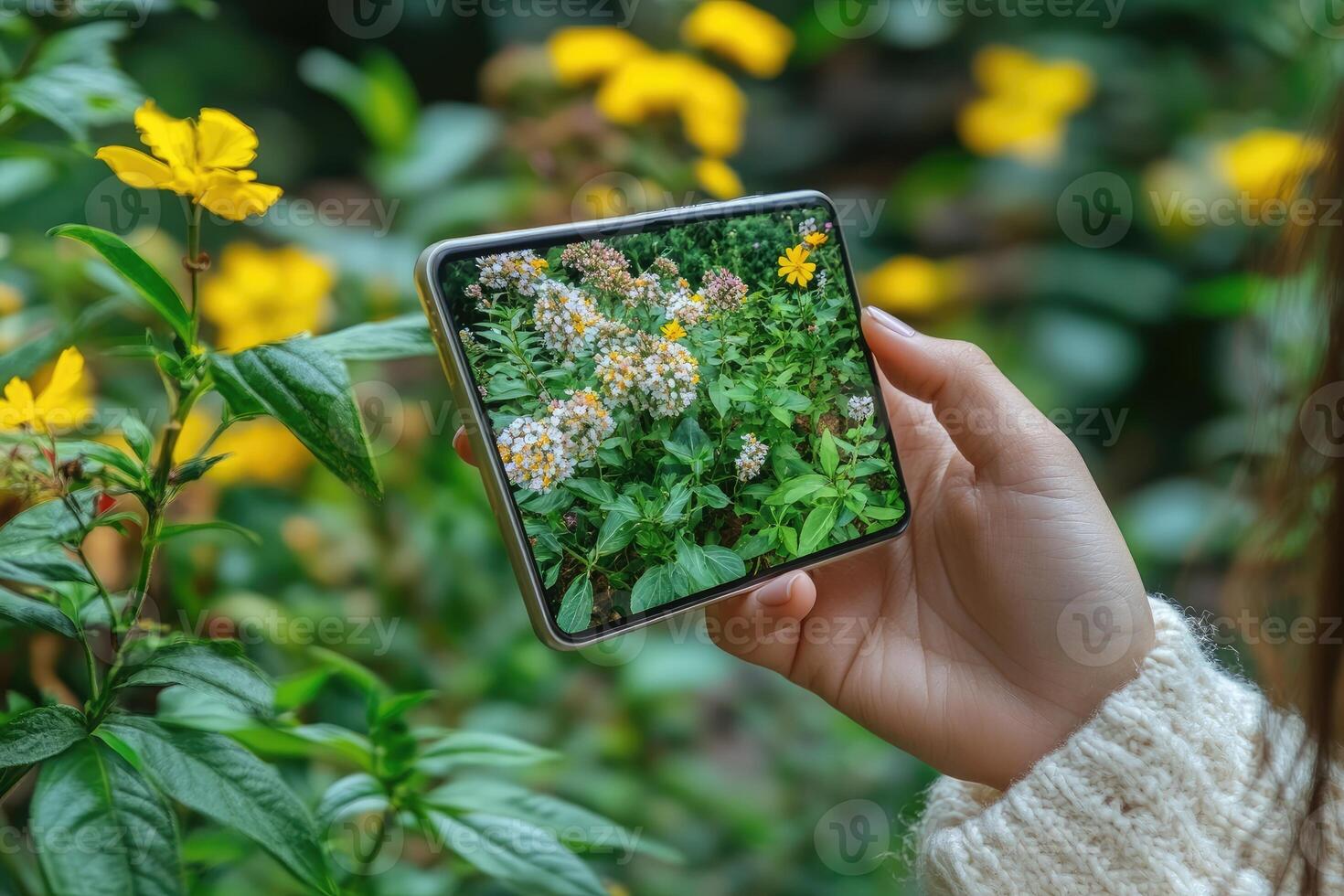 A Hand Holding a Smartphone Capturing Flowers in a Garden photo