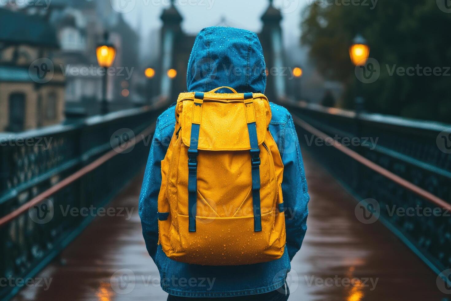 A Person Walking on a Wet Bridge With a Yellow Backpack photo