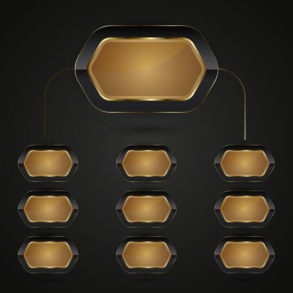 A chart of rectangle Black and gold buttons with Luxury Hexagon-shaped design with golden, metallic sheen at the center, illustration vector