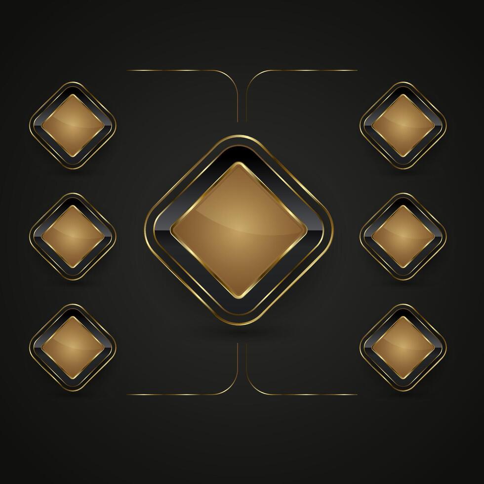 A Chart of three identical diamond-shaped icons positioned side by side. Each diamond has a golden, metallic appearance in the center. vector