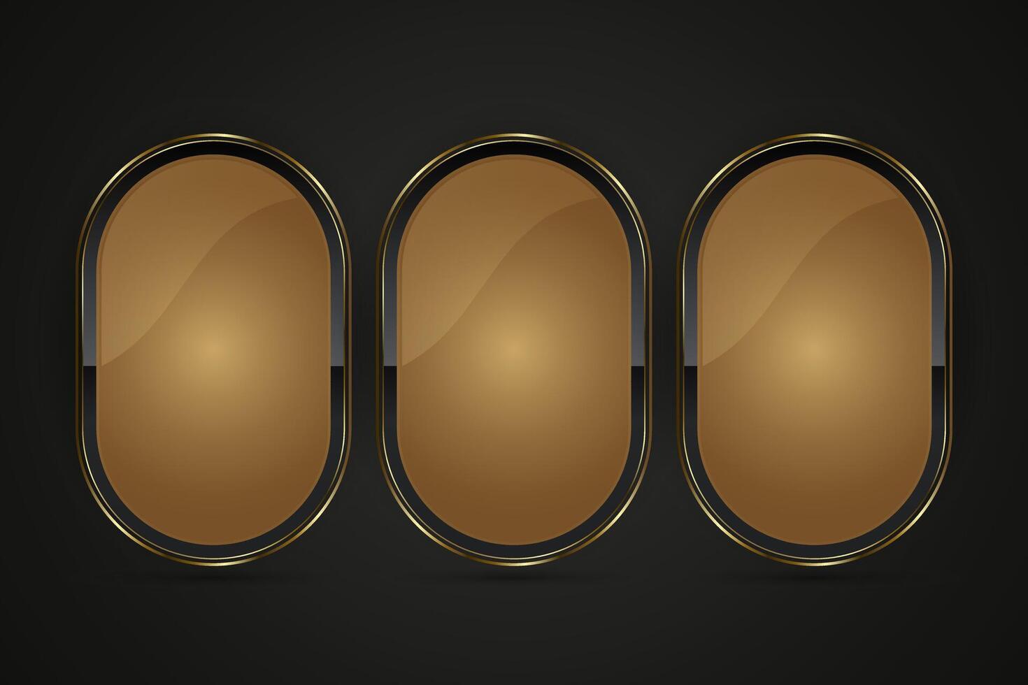 Set of three Luxury rectangles Black and gold buttons with an oval-shaped design with 3 golden, metallic sheen at the center. The central oval has a smooth gradient style vector