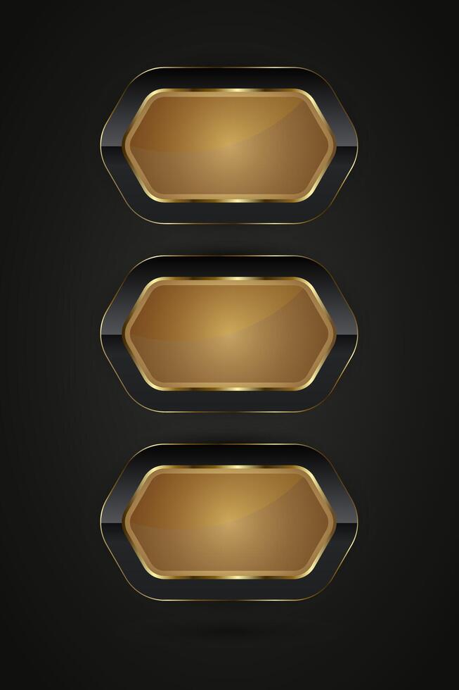 Three rectangle Black and gold buttons with Luxury Hexagon-shaped design with 3 golden, metallic sheen at the center, illustration vector