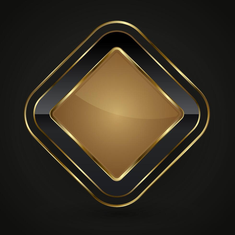 A Luxury rectangle Black and gold button with frame illustration. and 3d glossy elegant design for empty label, emblem, medal or badge, shiny and gradient light effect vector