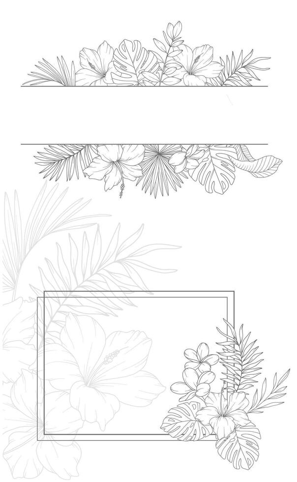 Floral Frame. Luxury Line Art Tropical Plants. Floral Line Art. Flower Coloring Page. Fine Line Tropical Greenery illustration. Hand Drawn flowers. Tropical Wedding invitation flowers vector