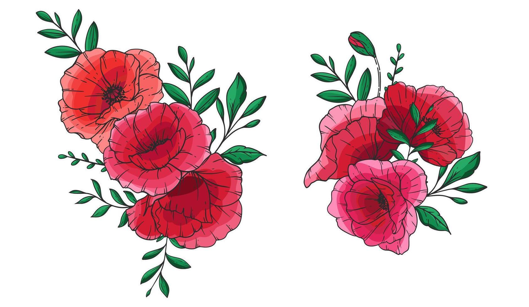 Poppy Bouquet Illustration. Red Poppies on white background. Remembrance day design. Botanical Background trendy colorful wildflowers. Hand drawn floral background template. Floral Art. Poppy Bouquet. vector