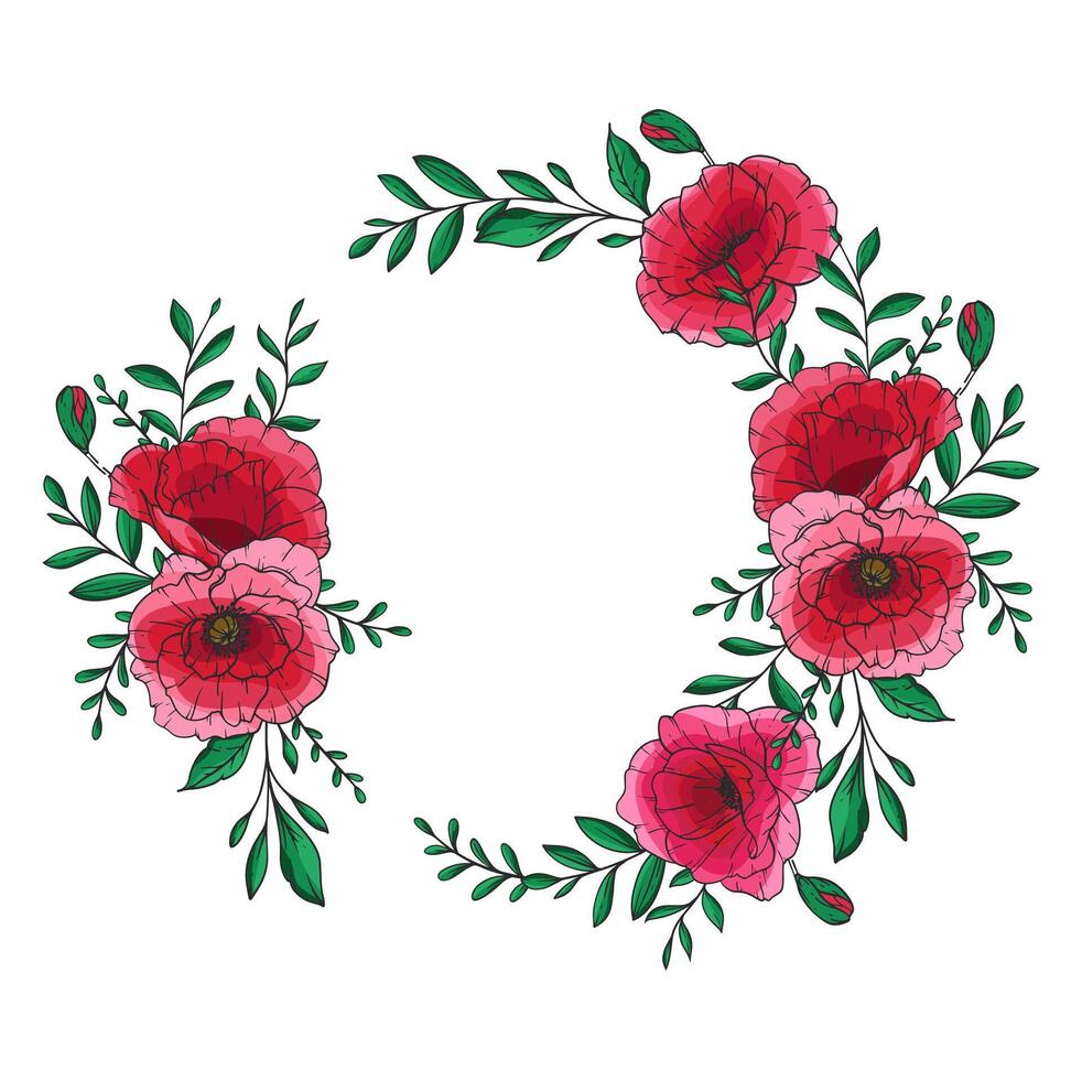 Poppy Flower Illustration. Red Poppies wreath on white. Remembrance day design. Botanical Background trendy colorful wildflowers. Hand drawn floral background template. Floral Art. Poppy Bouquet. vector