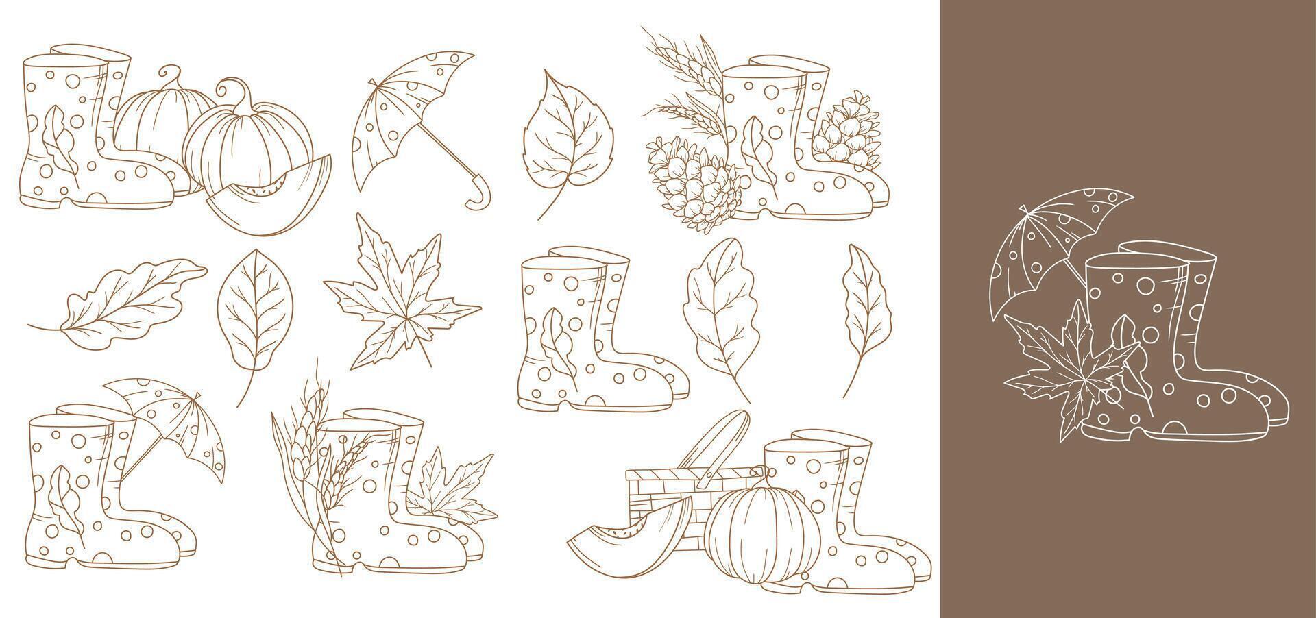 Rain Boots with Umbrella and Fall Leaves. Fall arrangements isolated on white. Boots line art ilustration. Fall Hand Drawn Outline. Fall Coloring Page. Traditional Thanksgiving Graphics vector
