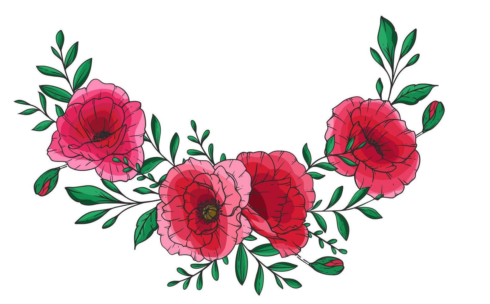 Poppy Flower Illustration. Red Poppies on white background. Remembrance day design element. Botanical Background colorful wildflowers. Hand drawn floral background template. Floral Art. Poppy Bouquet. vector