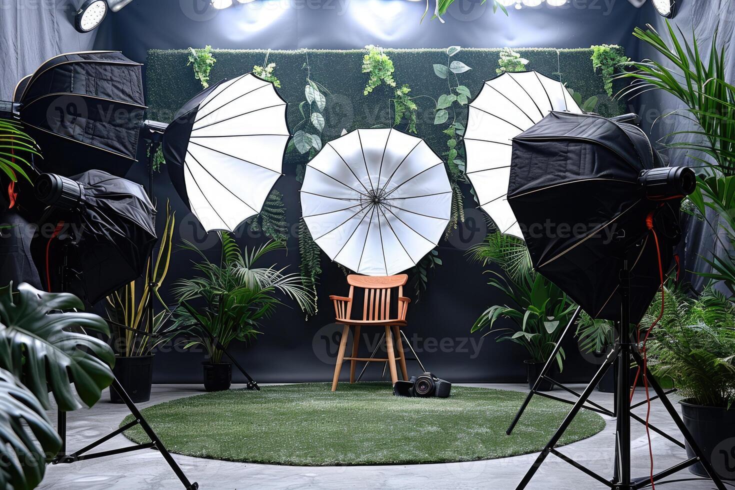 A Photography Studio Setup with Umbrellas and a Green Floor photo