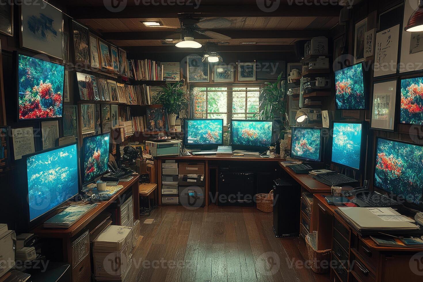 A cluttered home office with a desk full of electronics, documents and a bookshelf filled with books. photo