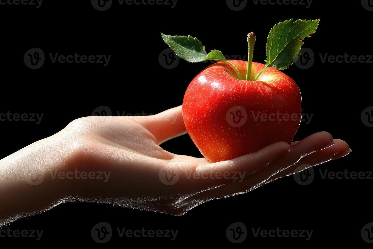 A Red Apple Held in a Hand Against a Black Background photo