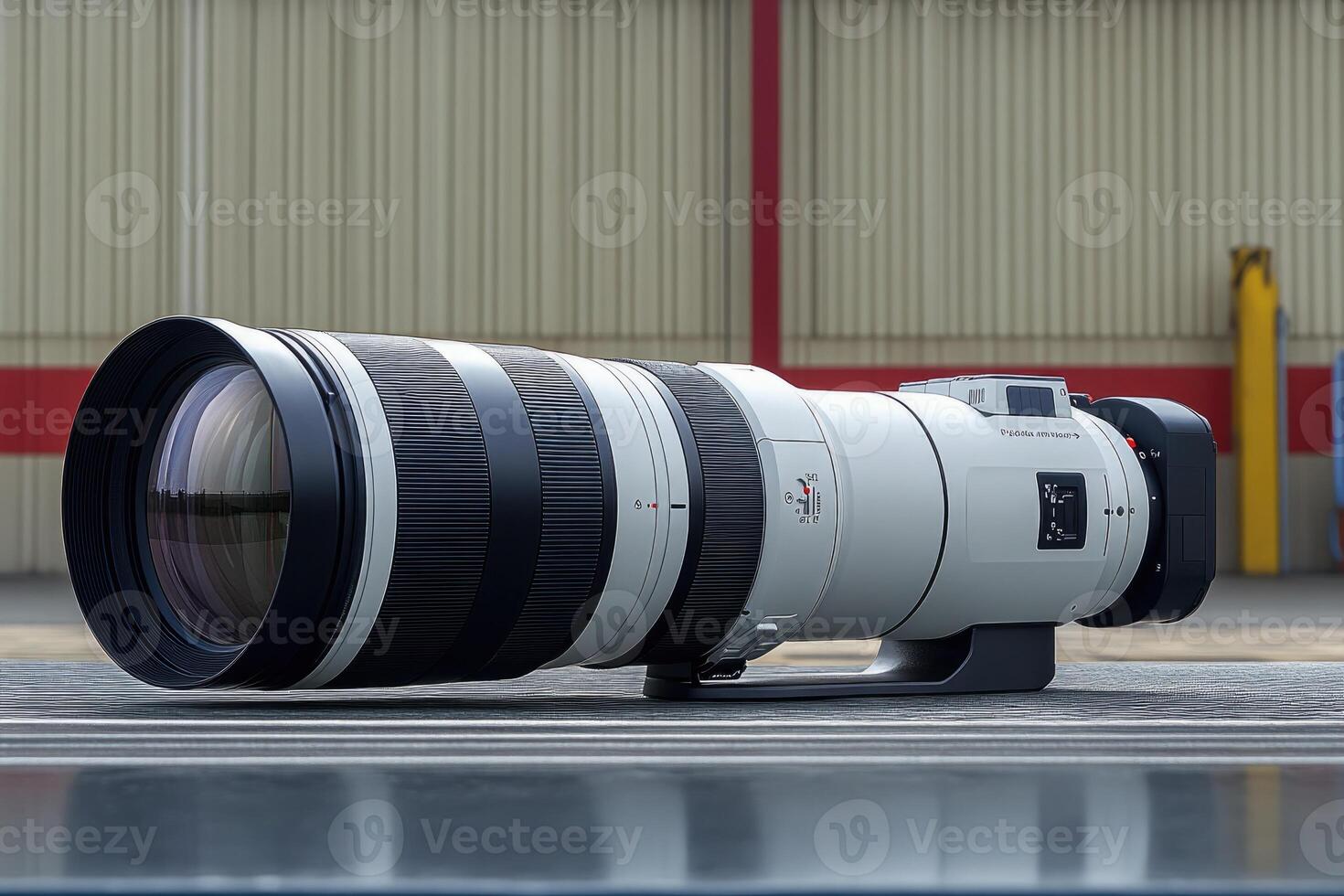 A Close-Up of a Large Camera Lens on a Gray Surface photo