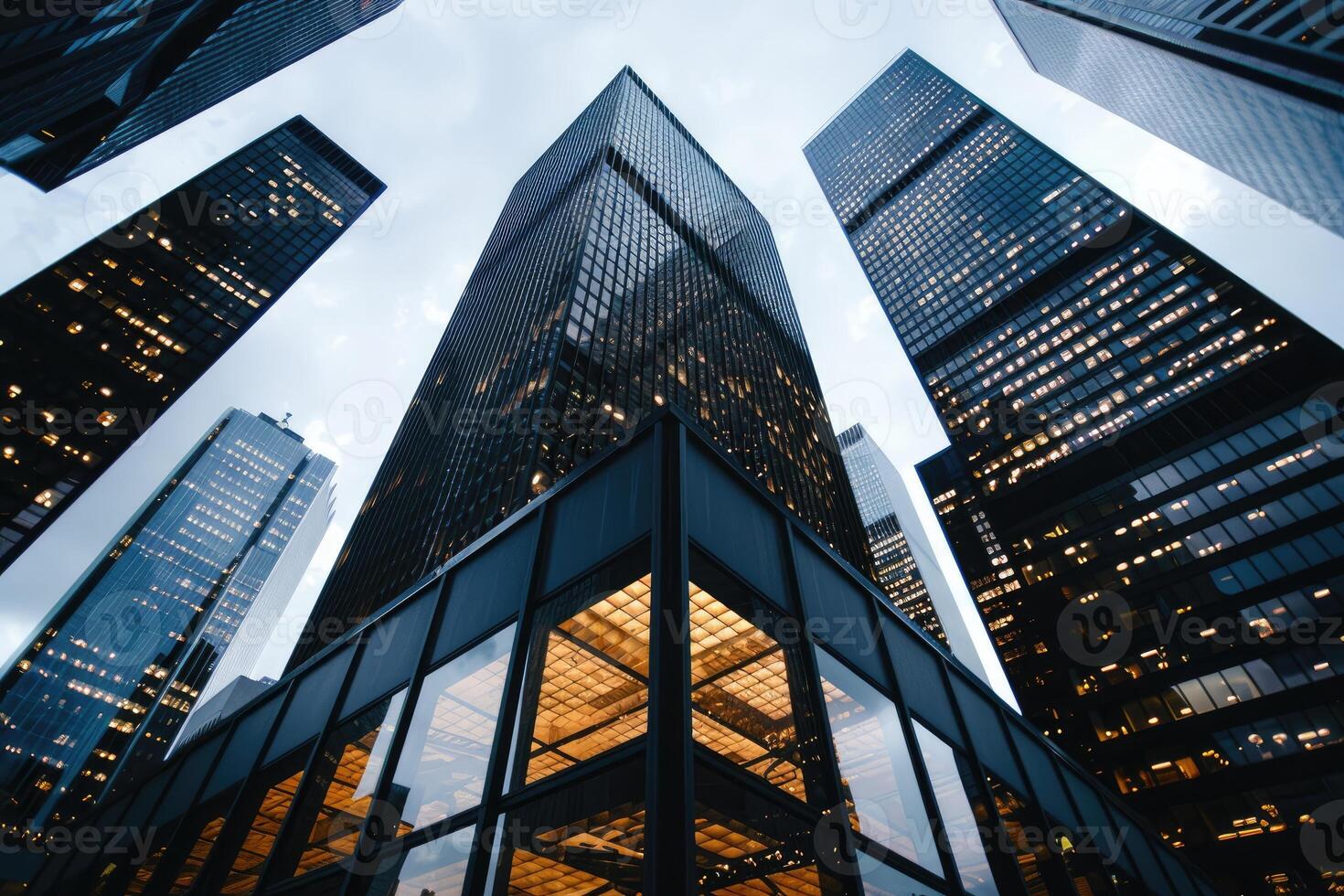 A Low-Angle View of Illuminated Skyscrapers in a City photo