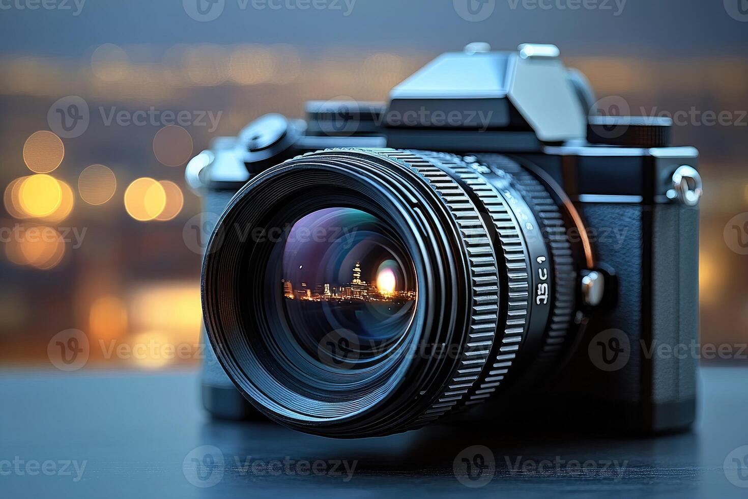 A camera is shown with a cityscape in the background photo