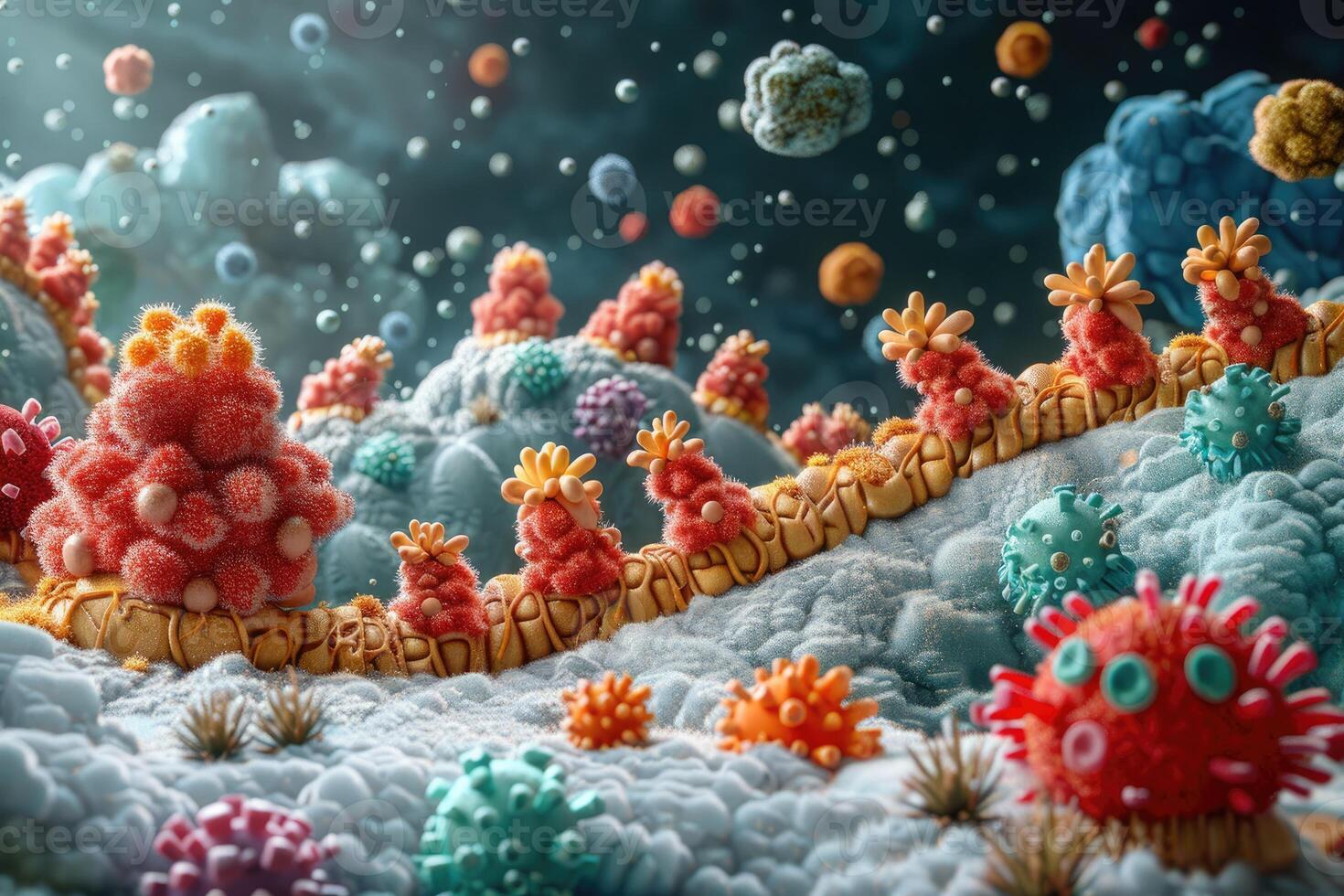 A Colorful Microcosm of Virus-like Structures on a Blue Surface photo
