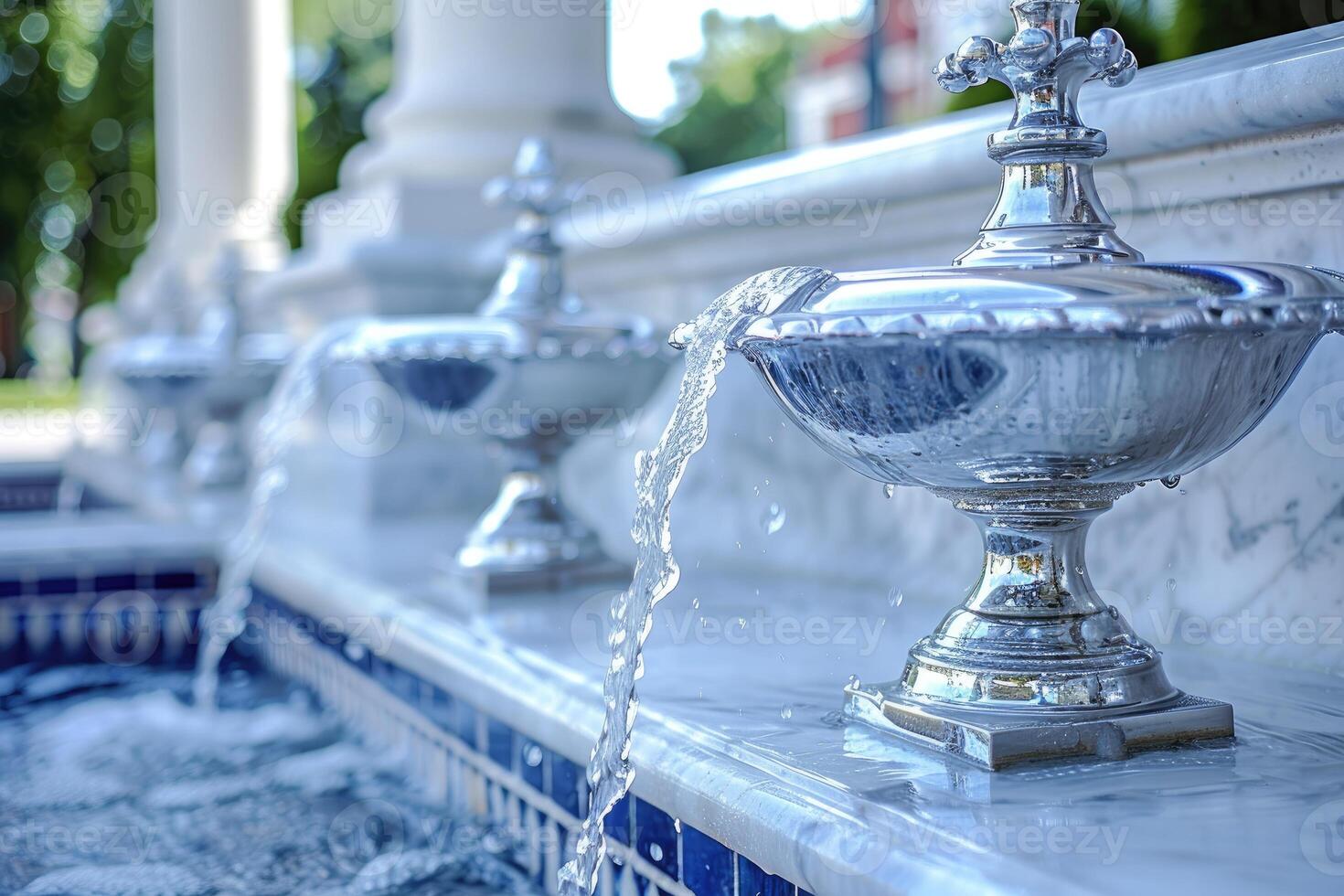 A close-up of a fountain spout pouring water into a basin photo
