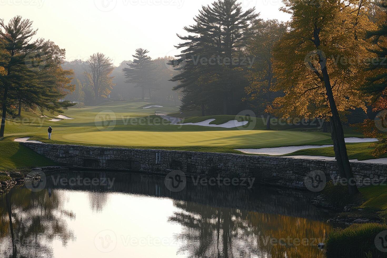 A lone golfer on a scenic golf course with a stone wall and a pond in the foreground photo