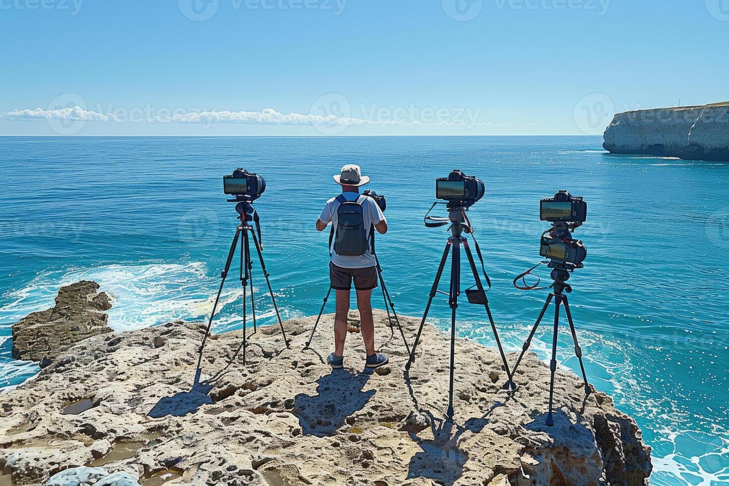 A Photographer with Three Cameras Set Up on a Rocky Coastline photo