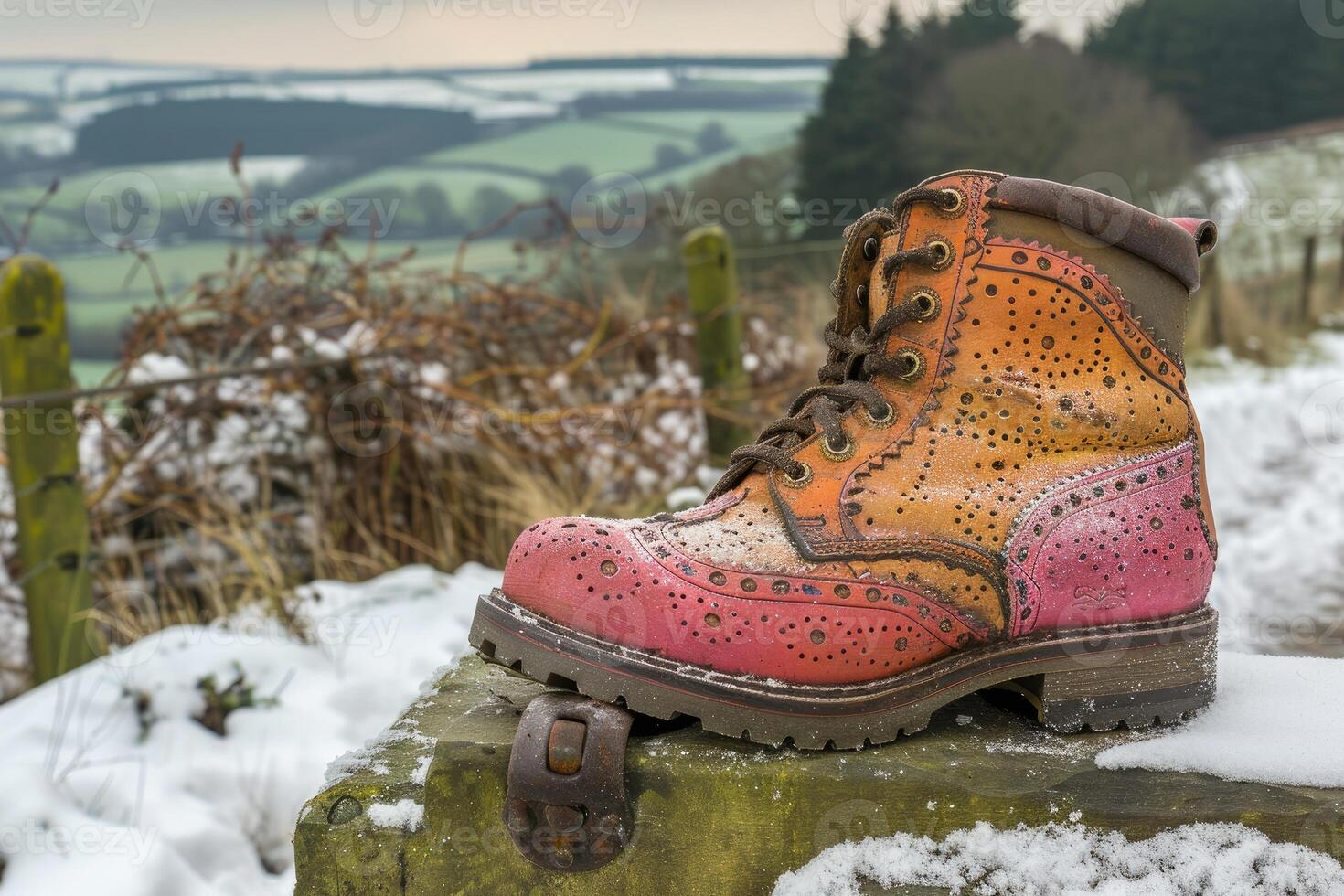 A Colorful Boot Resting on a Fence Post in a Snowy Landscape photo