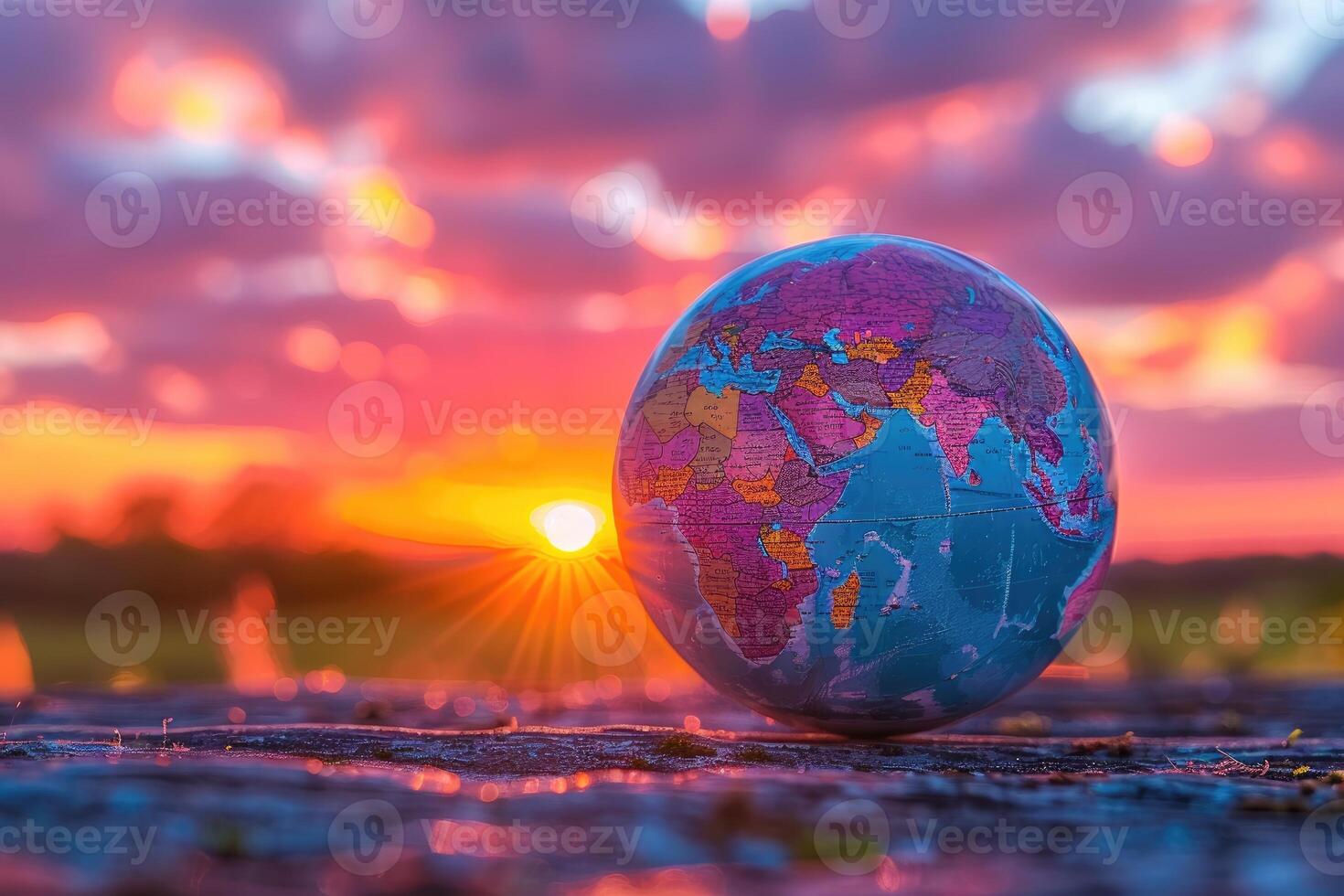 A globe with the world on it is shown in front of a sunset photo
