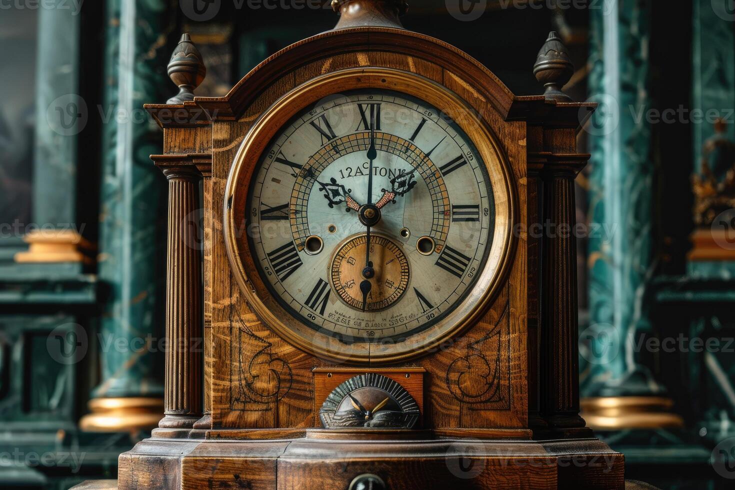 Antique Clock with Roman Numerals and Ornate Wooden Frame photo