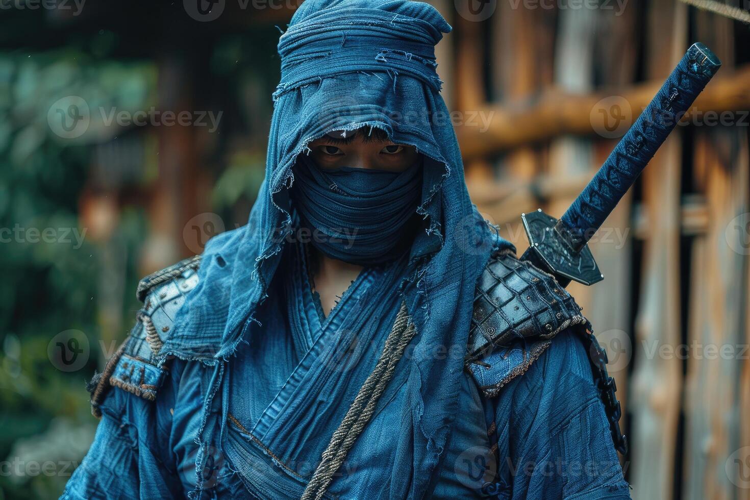 A mysterious warrior in a blue hooded robe and armor, holding a sword photo