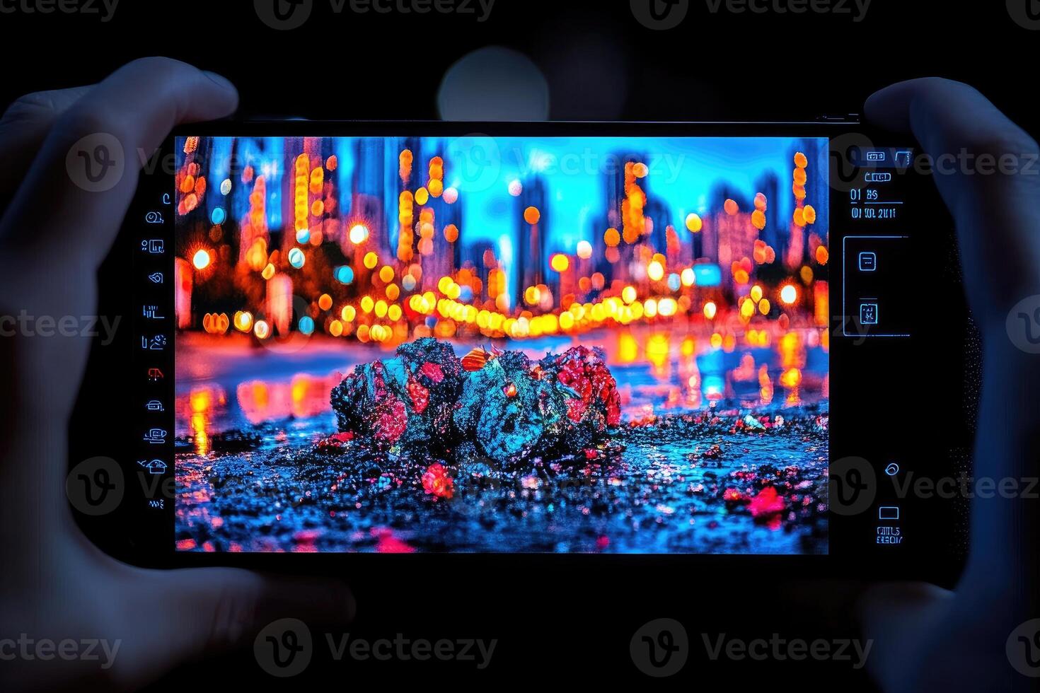 A person holding up a smartphone with a cityscape on the screen photo