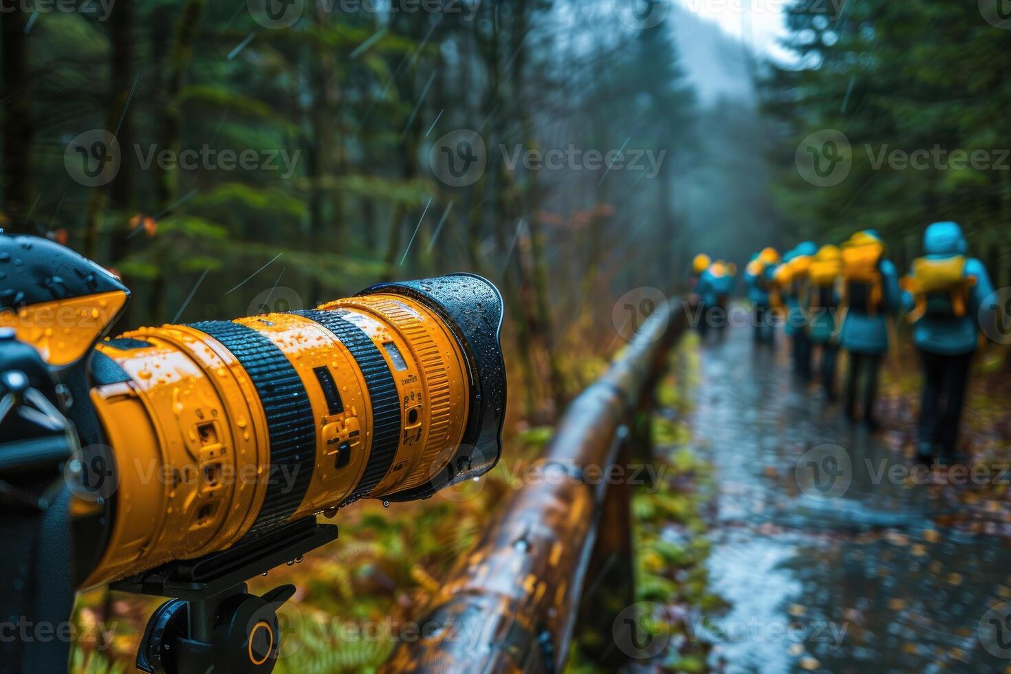 A camera is on a wooden rail in the rain photo