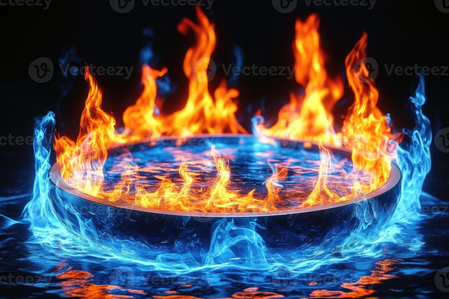 A fire bowl is on the water with blue flames photo