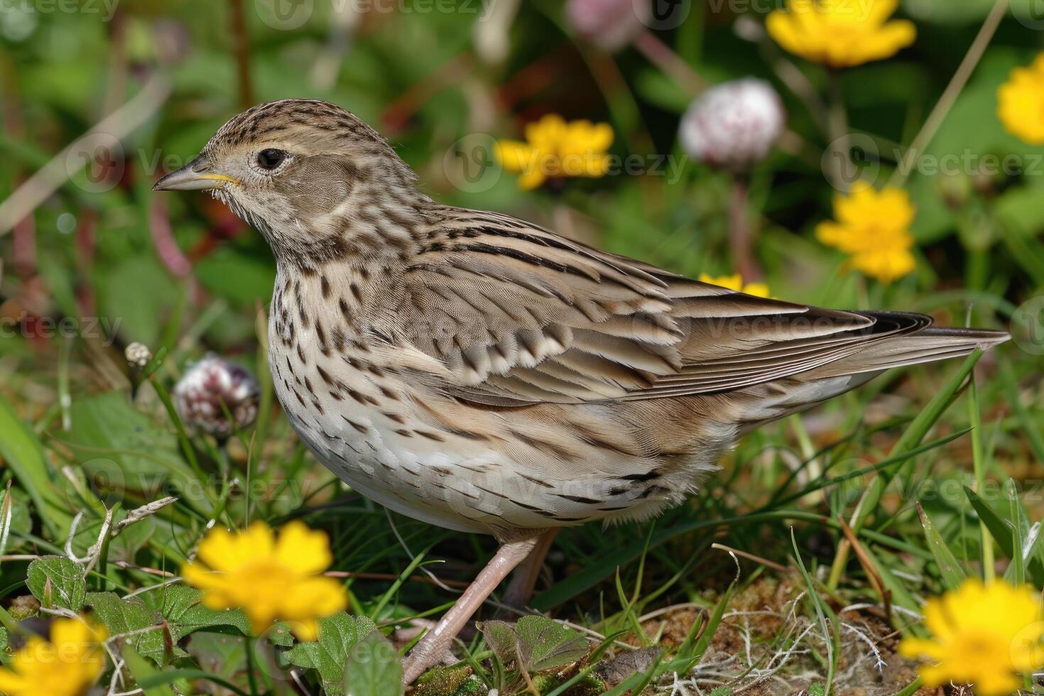 A Meadow Pipit Perched in Grass and Wildflowers photo