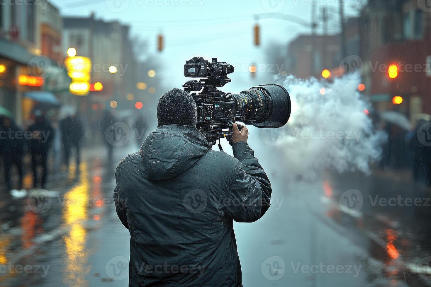 A man holding a camera in the rain photo