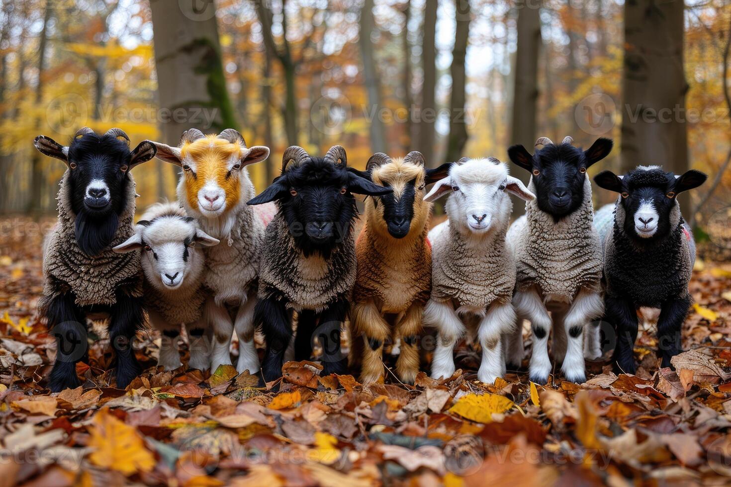 A group of sheep standing in the woods photo