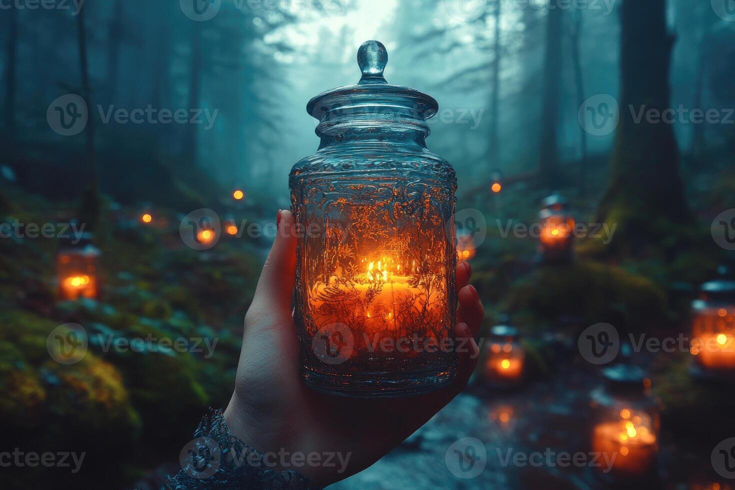 A person holding a jar filled with candles in a forest photo
