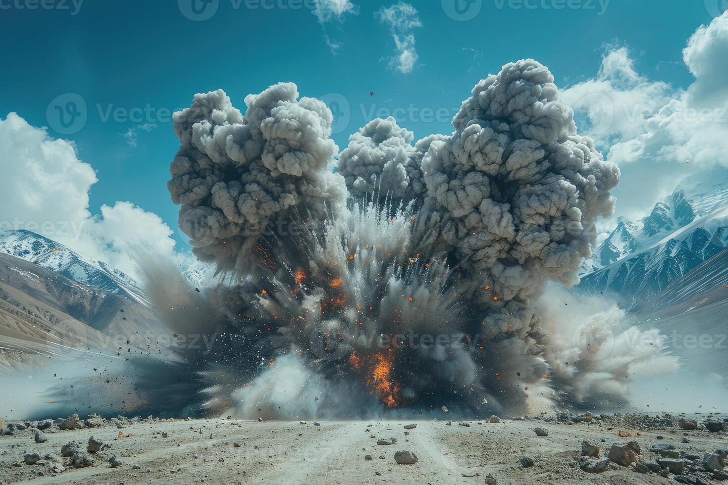A massive explosion in a mountainous region, producing a plume of smoke and debris. photo