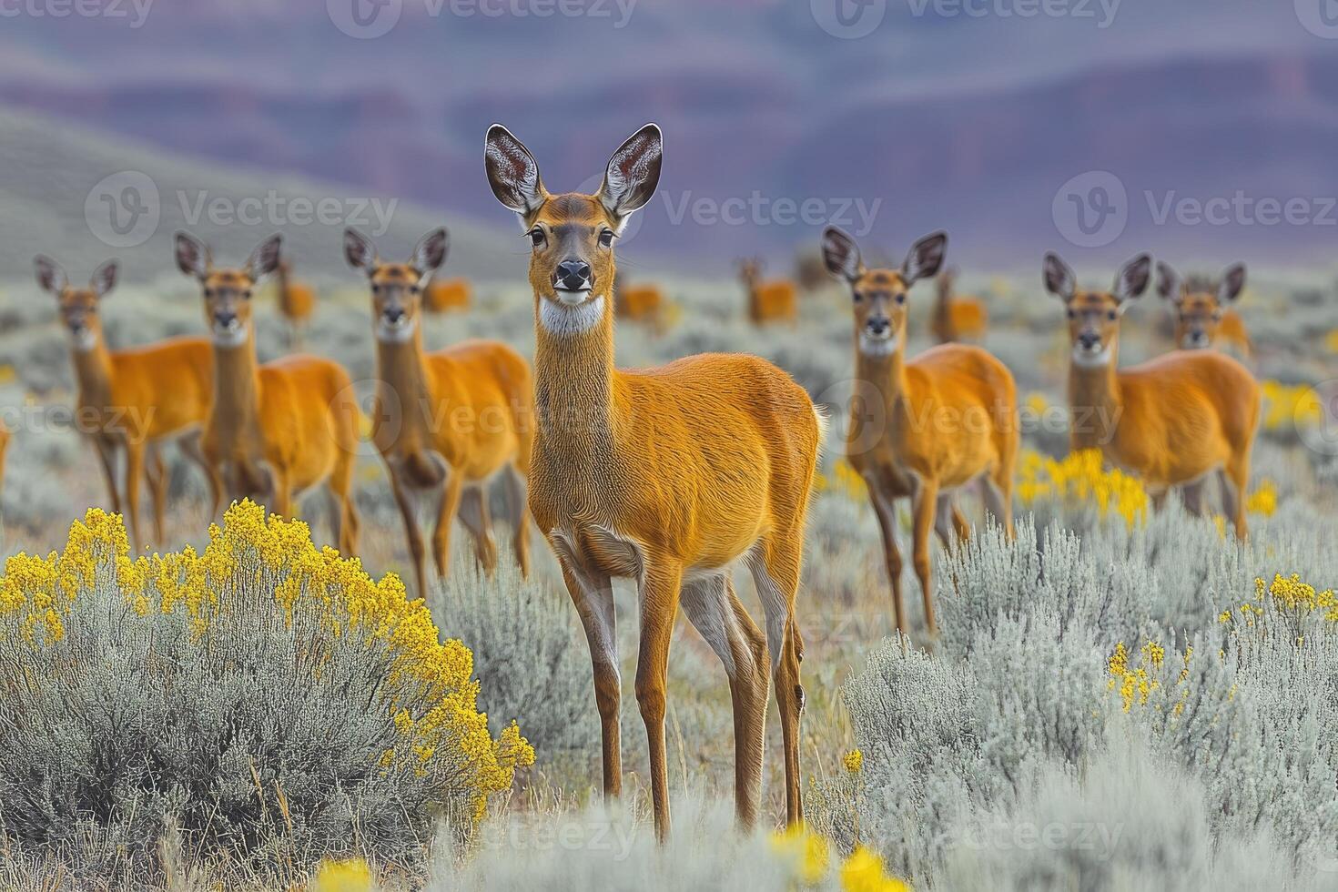 A Mule Deer Doe Stands Tall Amidst a Herd in a Field of Yellow Wildflowers photo