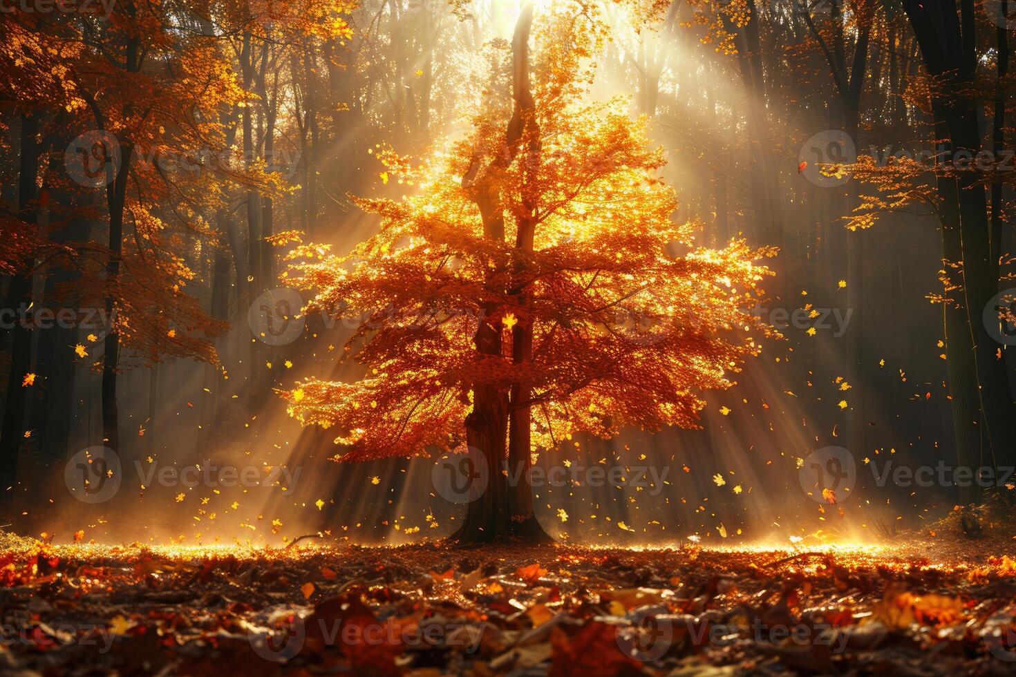 An autumn tree in the middle of a forest with sunbeams shining through photo