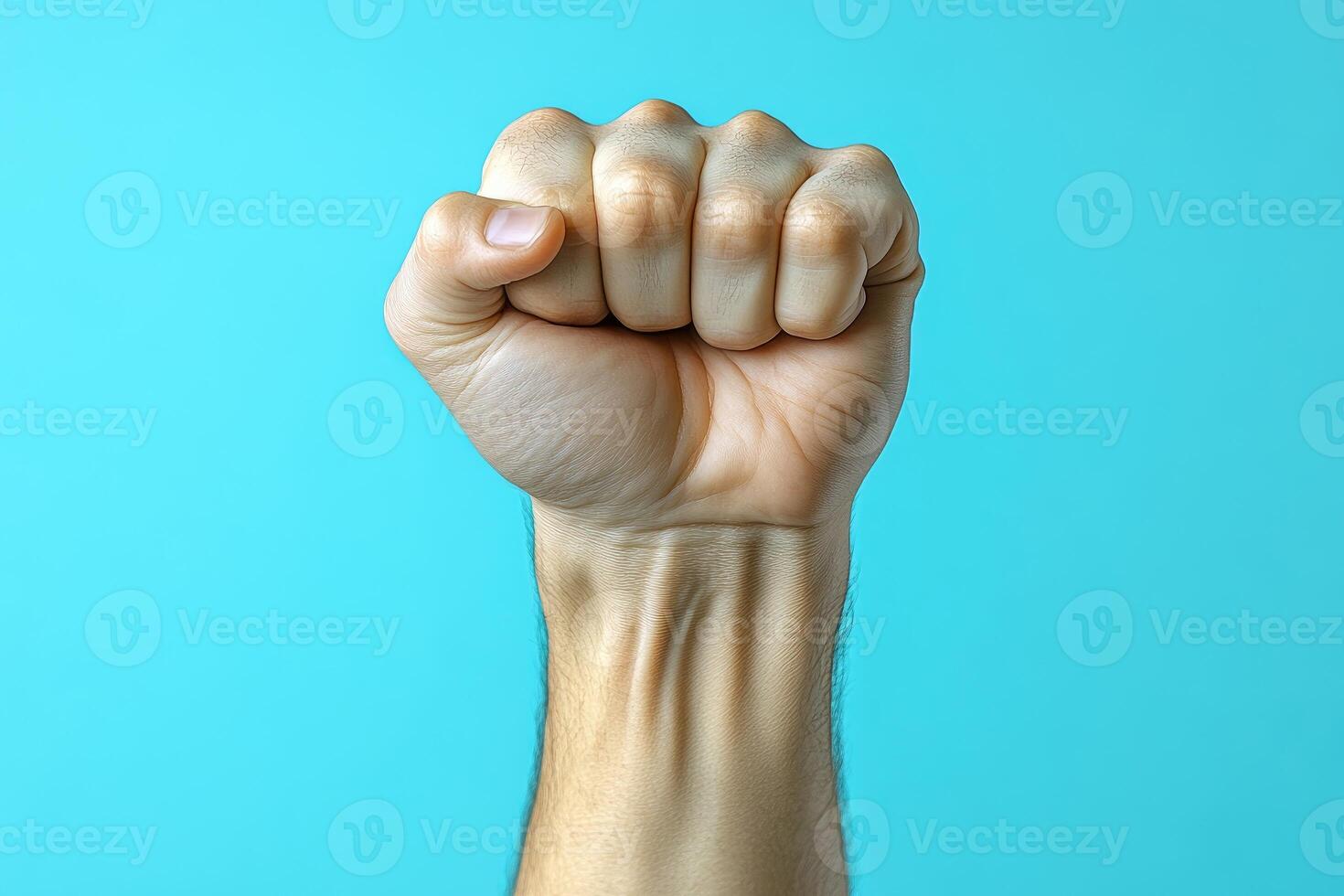 A clenched fist raised against a blue background photo