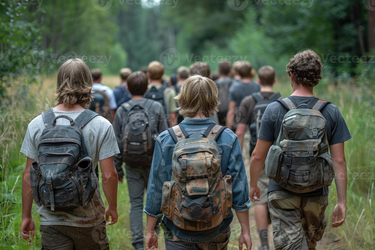 A group of people walking down a path with backpacks photo