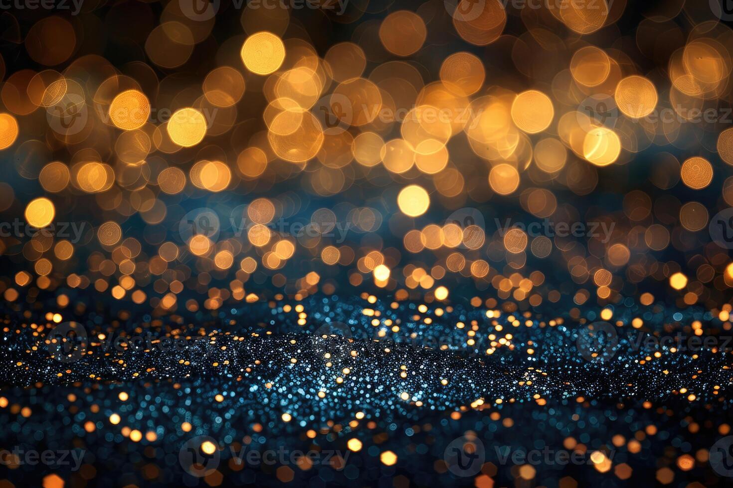 Abstract Background of Golden and Blue Bokeh Lights with Glitter photo