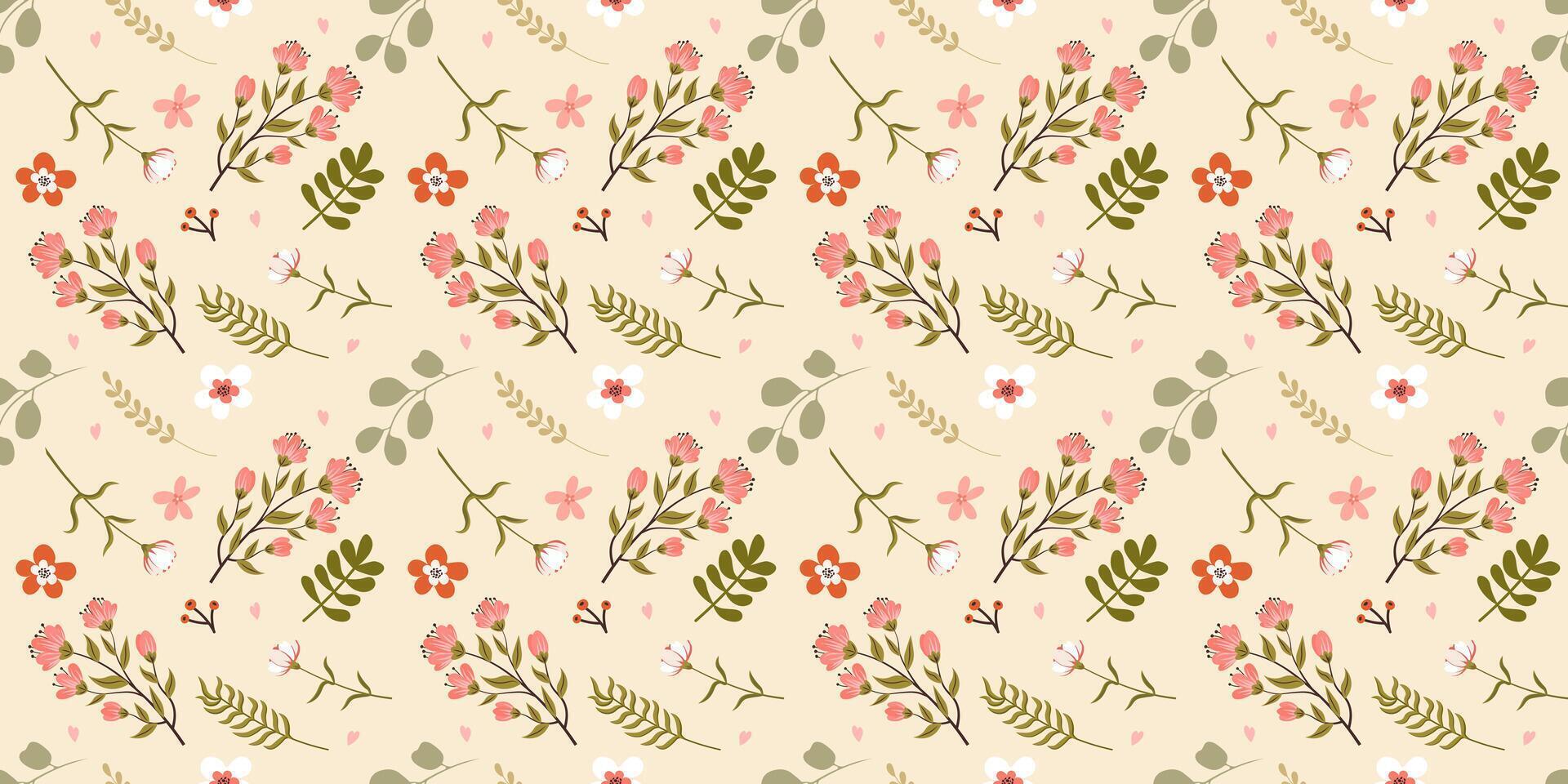 Floral seamless pattern with hand drawn flowers and leaves in soft pastel colors. Romantic background in doodle style for wrapping paper, greeting card, poster and textile. vector