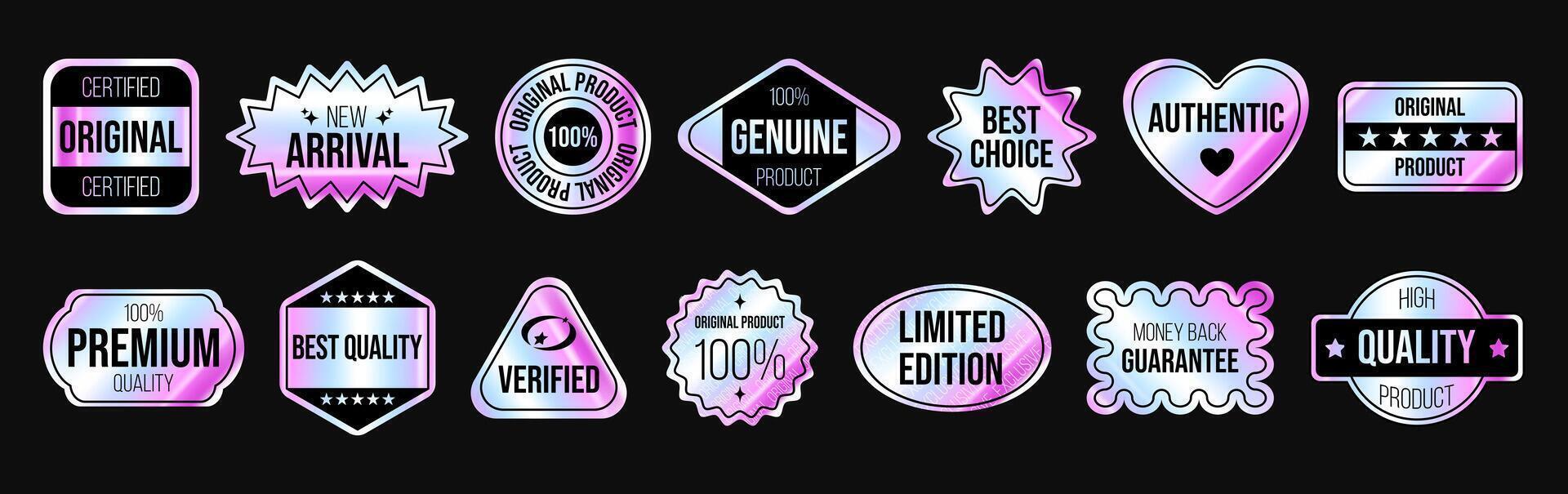 set of stylish holographic labels. Rainbow stickers, tags of various shapes for e-commerce, packaging design, and advertisement. Perfect for highlighting authenticity, quality, and exclusivity. vector